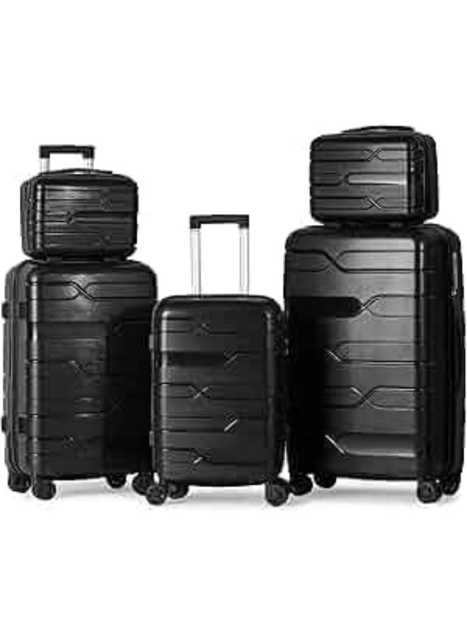 Complete 5-Piece Unbreakable PP Luggage Set - Ultra-Durable Polypropylene Trolley Bags - Sizes: 12", 14", 20", 24", 28" - High-Impact Resistant - Black - Image 1